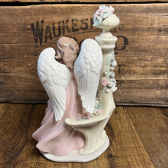 Porcelain Vintage Angel Figurine Seated on Bench Flowers & Dove - Picture 7 of 11